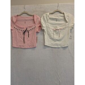 PacSun EST.PAC 1980 Crop Top‎ Ribbon Trim Square Neck Pink and White NWT